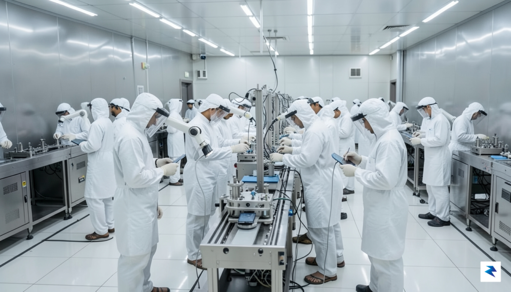 A modern, high-tech smartphone manufacturing facility in India with engineers…