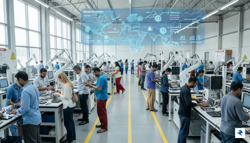 A modern, high-tech manufacturing floor in India featuring a mix…