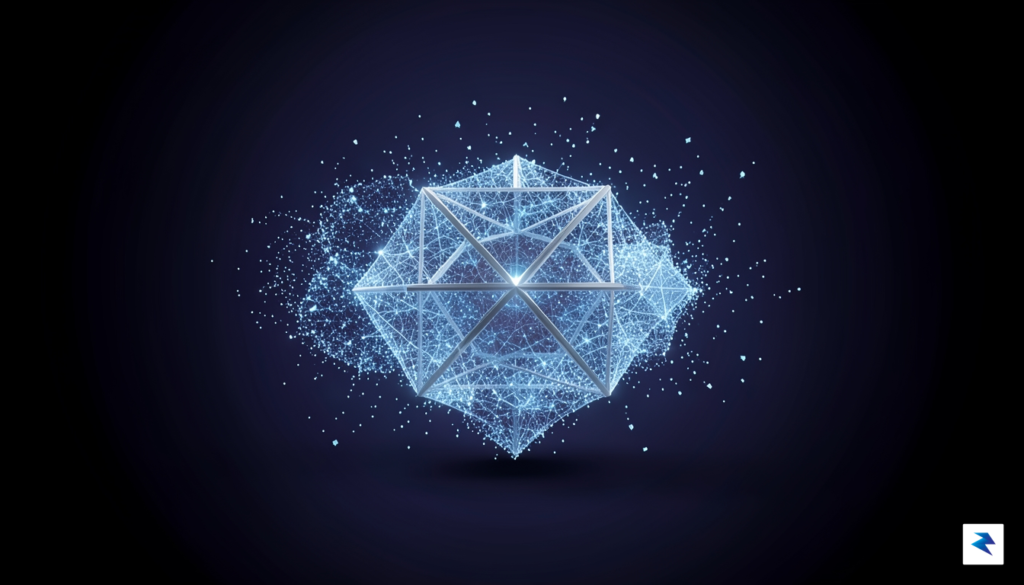 A sleek, minimalist digital visualization showing a massive, fragmented cloud…