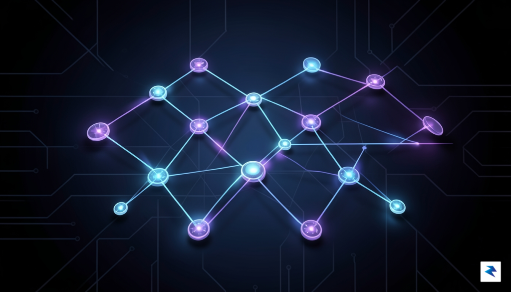 A conceptual digital illustration showing a clean, modular network of…