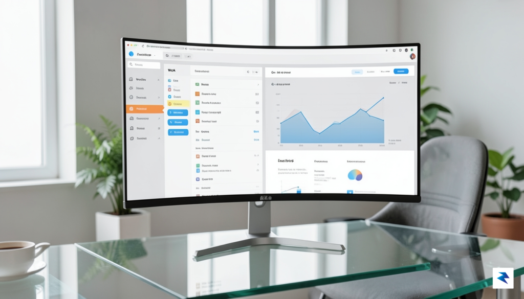 A sleek, modern ultrawide monitor setup displaying a web browser&hellip;