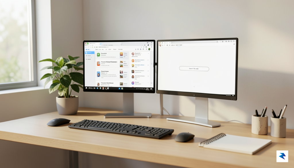 A clean, high-resolution desk setup featuring a split-screen monitor showing&hellip;