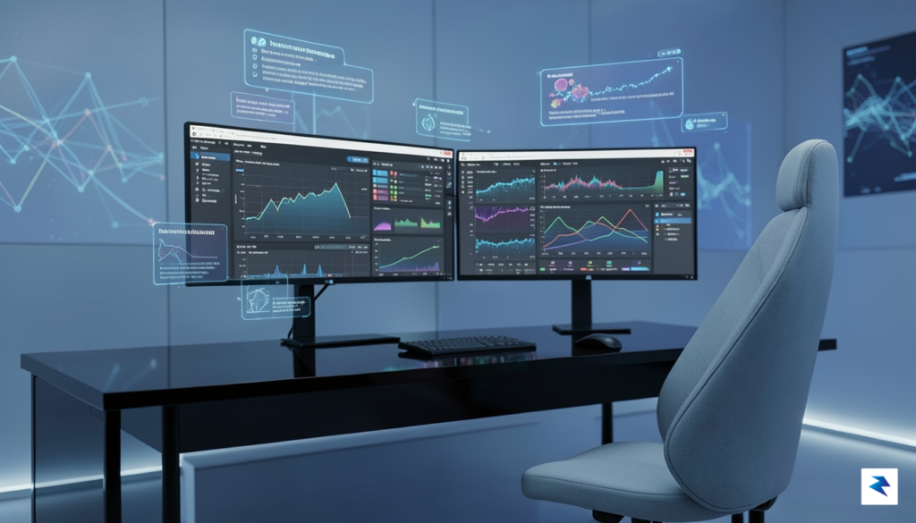 A sleek, futuristic workspace showing a split-screen display of multiple&hellip;