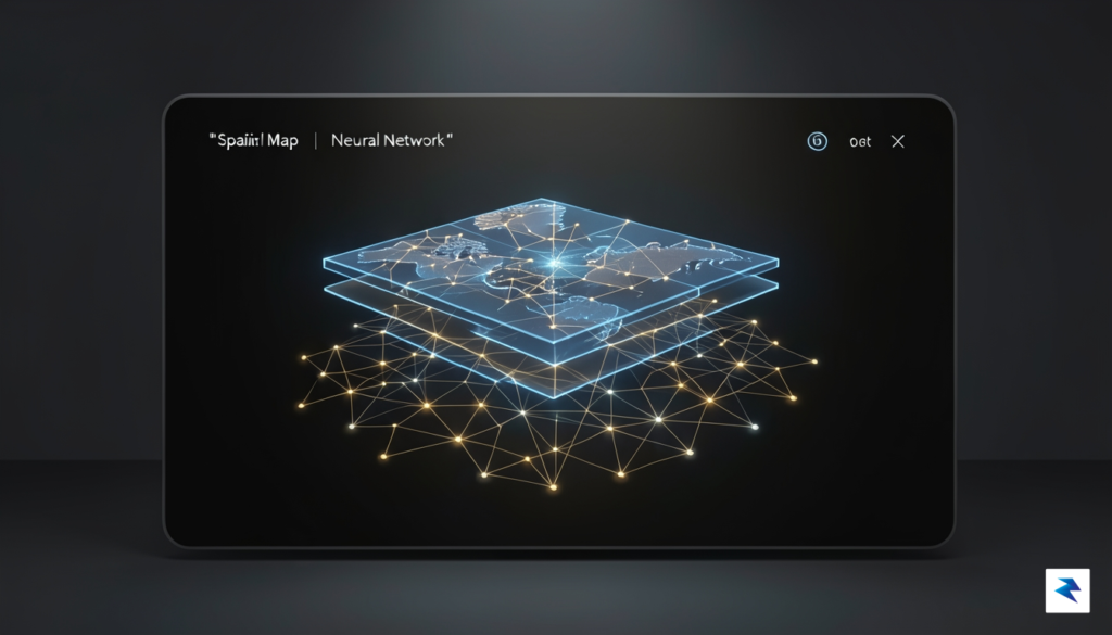 A futuristic digital interface showing a glowing, three-dimensional spatial map&hellip;