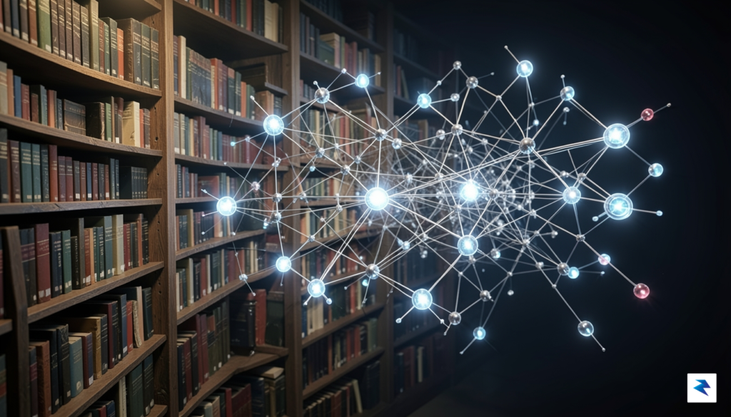A conceptual 3D visualization showing a dense, cluttered digital library&hellip;