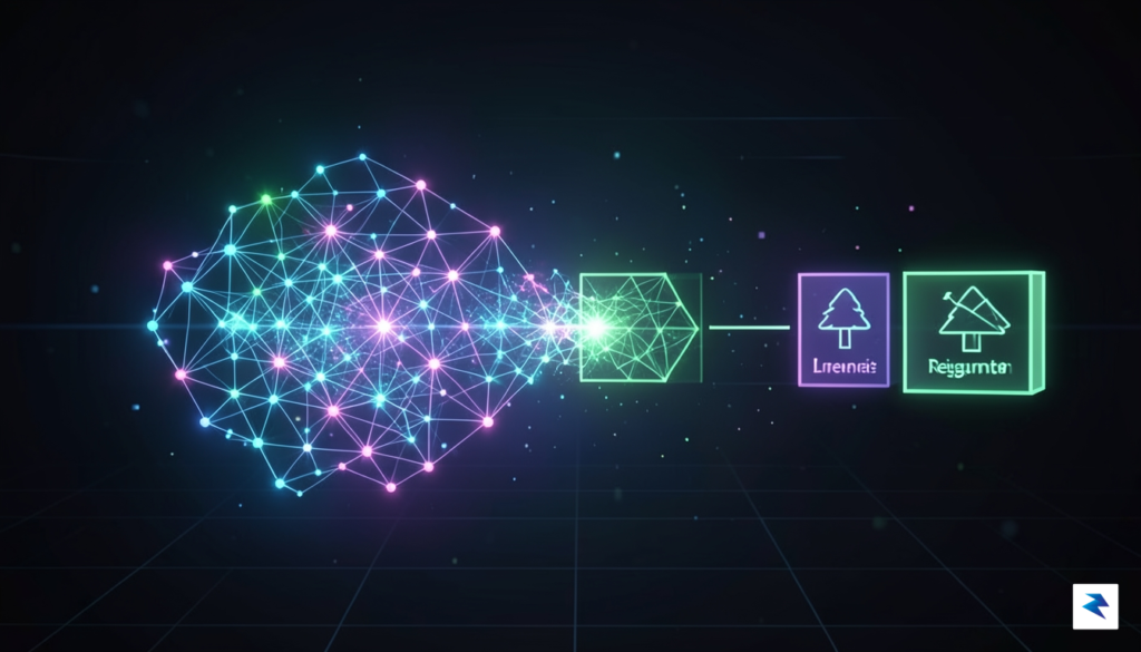 A conceptual digital illustration showing a complex, glowing neural network&hellip;