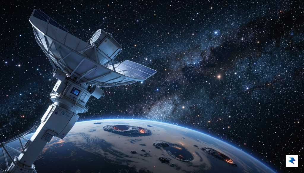 A futuristic space telescope orbiting Earth, peering into a deep,…