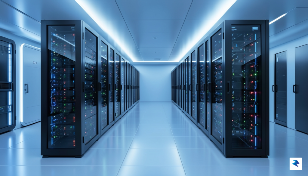 A high-tech, futuristic data center aisle bathed in soft neon…
