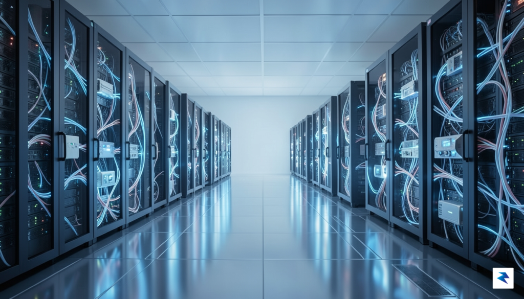 A futuristic data center floor showing rows of glowing server…