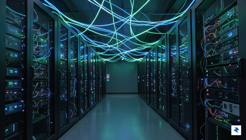 A futuristic data center aisle illuminated by glowing blue and…