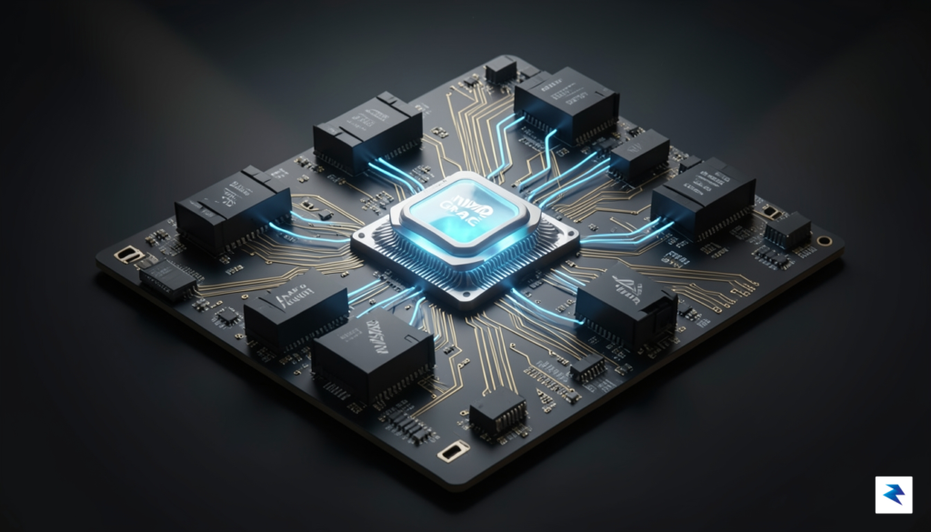 A conceptual 3D render of a high-performance server motherboard featuring…