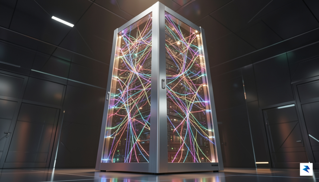 A conceptual 3D render showing a massive, glowing data center…
