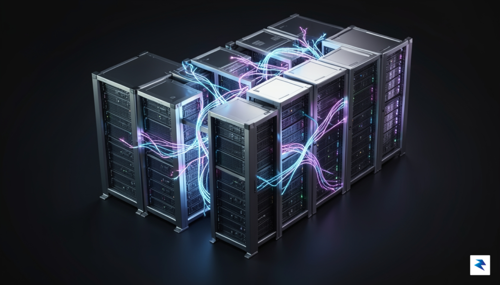 A sleek, high-tech isometric 3D render of an interconnected server…