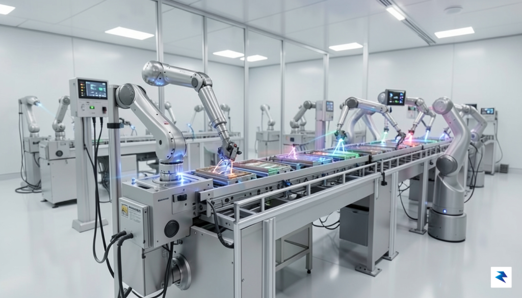 A conceptual 3D render showing a high-tech robotic assembly line…