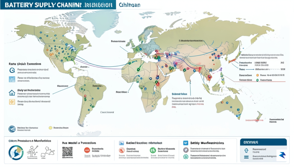 A detailed infographic showing the global battery supply chain, with…