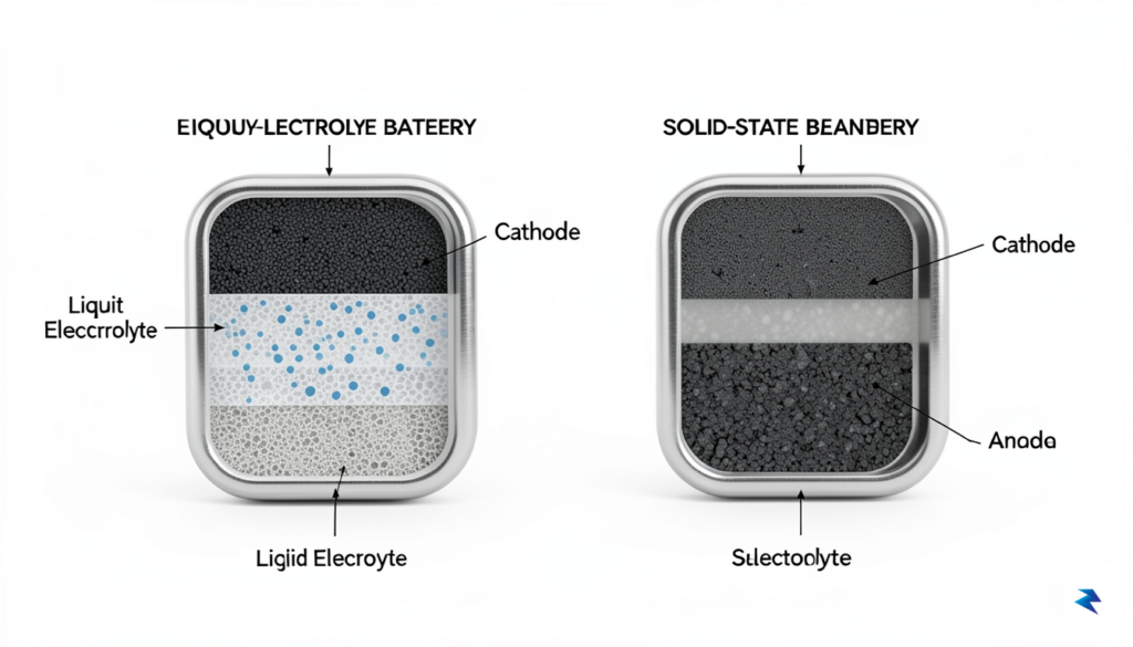 A detailed scientific cross-section diagram comparing a liquid-electrolyte battery with…