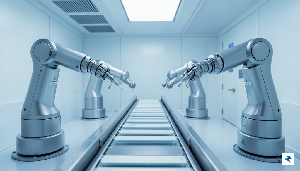 A high-tech, clean-room laboratory environment featuring robotic arms precisely assembling…
