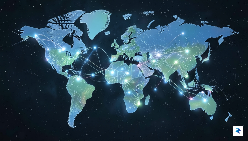 A conceptual digital rendering showing a global map connected by…
