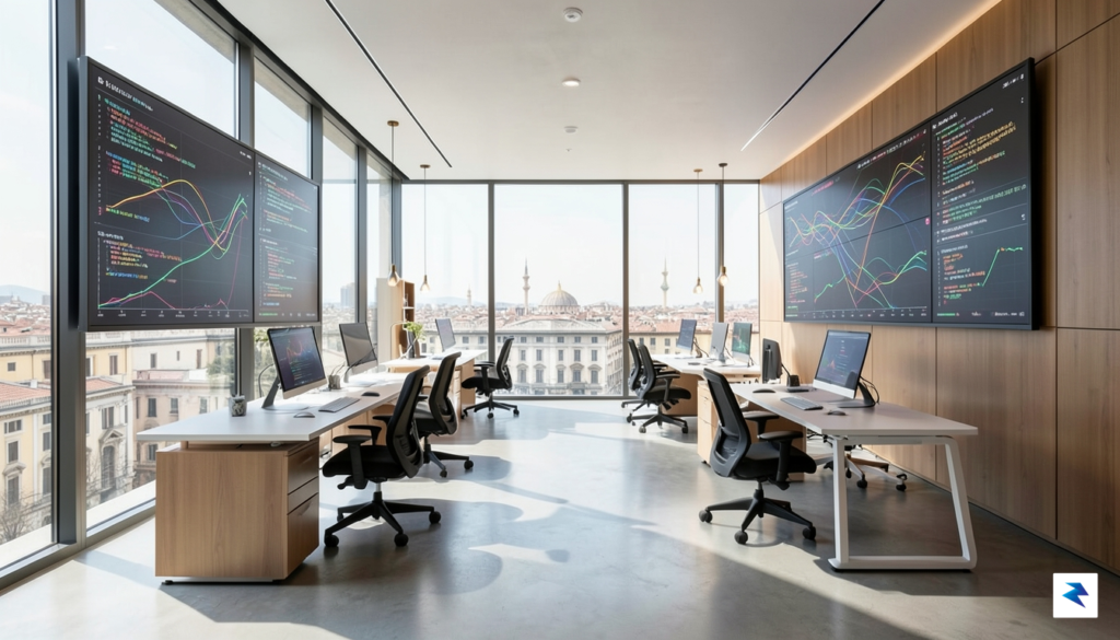 A conceptual, high-tech office space in Milan featuring glass walls,&hellip;