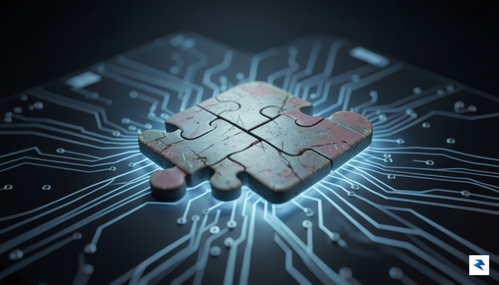 A digital illustration showing a weathered, fragmented puzzle piece of&hellip;