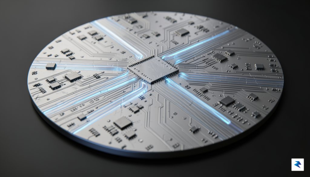 A highly detailed 3D render showing a silicon wafer surface…