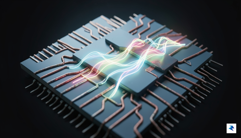 A conceptual illustration showing a microscopic view of a silicon…
