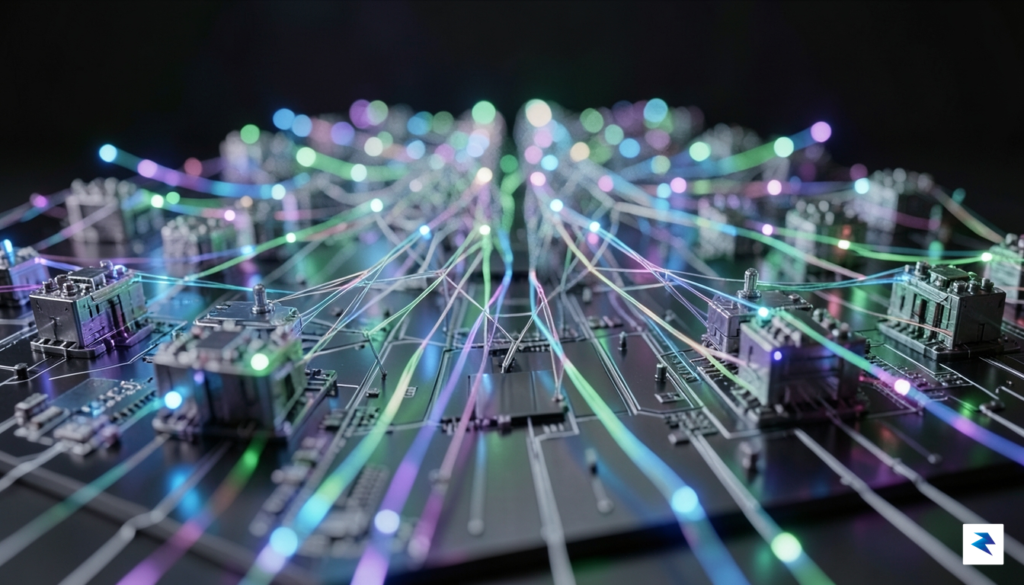 A conceptual 3D visualization showing glowing pulses of light traveling…