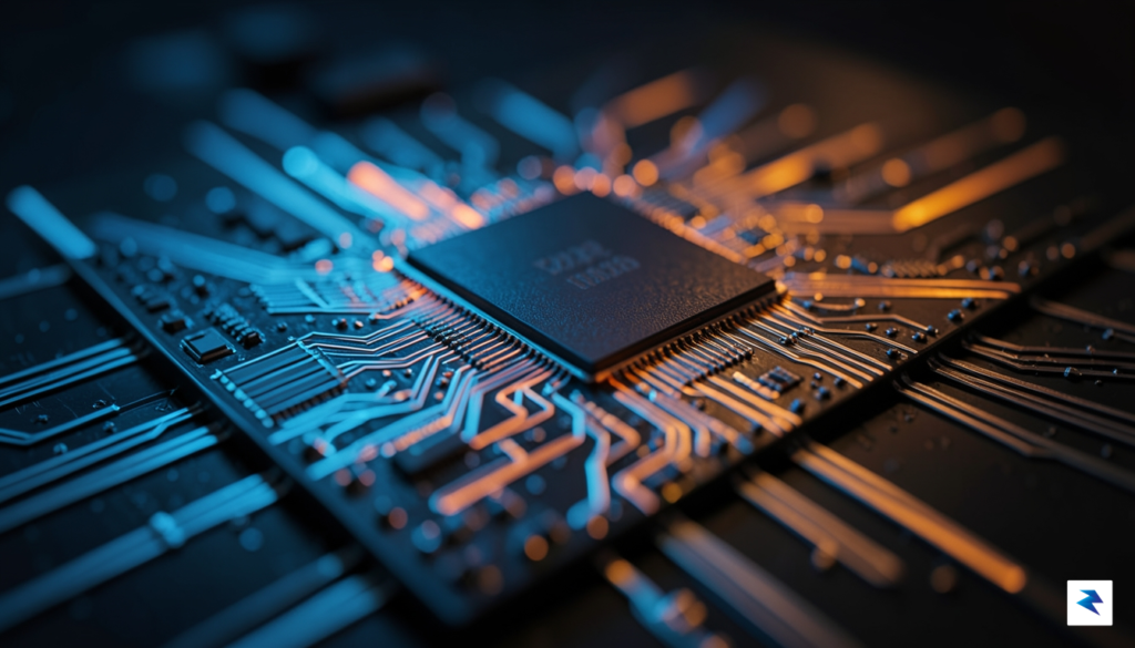 A macro, cinematic close-up shot of a modern, multi-core computer…