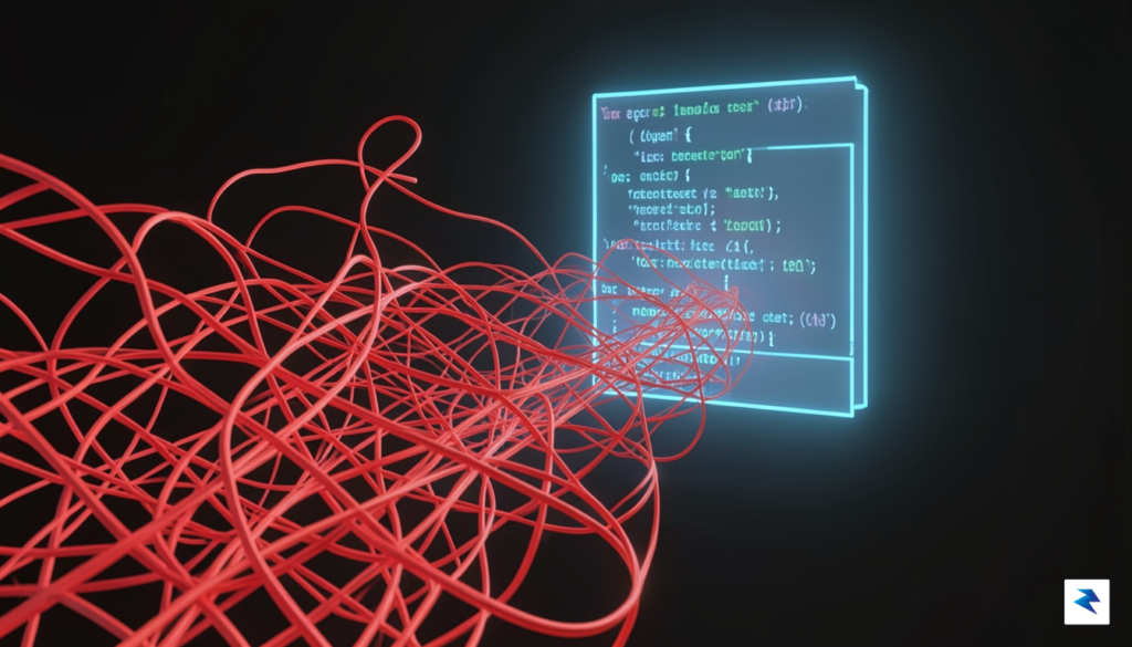 A conceptual digital illustration showing a chaotic, tangled web of&hellip;
