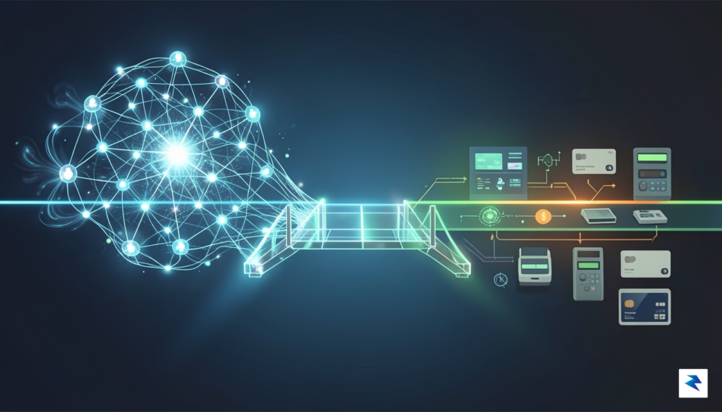 A conceptual illustration showing a digital bridge connecting a complex,…