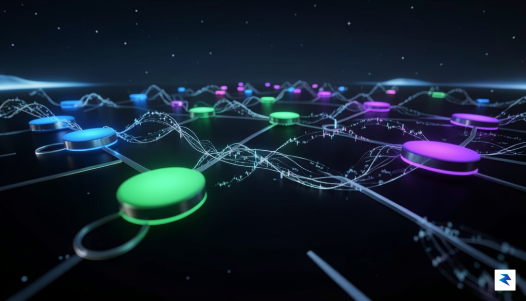 A sleek, futuristic digital workspace showing interconnected glowing nodes representing…