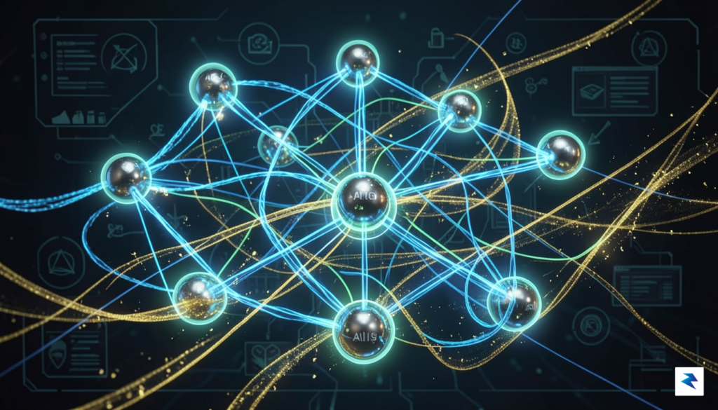 A stylized illustration depicting a network of interconnected AI agents,…
