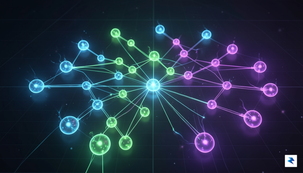 A futuristic visualization of glowing, interconnected digital nodes representing autonomous…