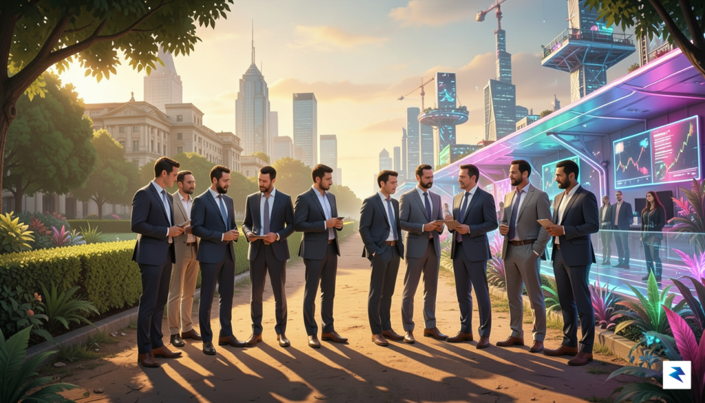 A conceptual digital illustration showing a diverse group of investors&hellip;