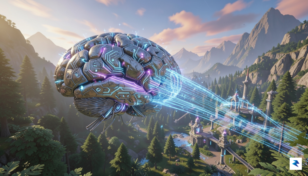 A conceptual digital visualization showing a robotic brain interface merging…