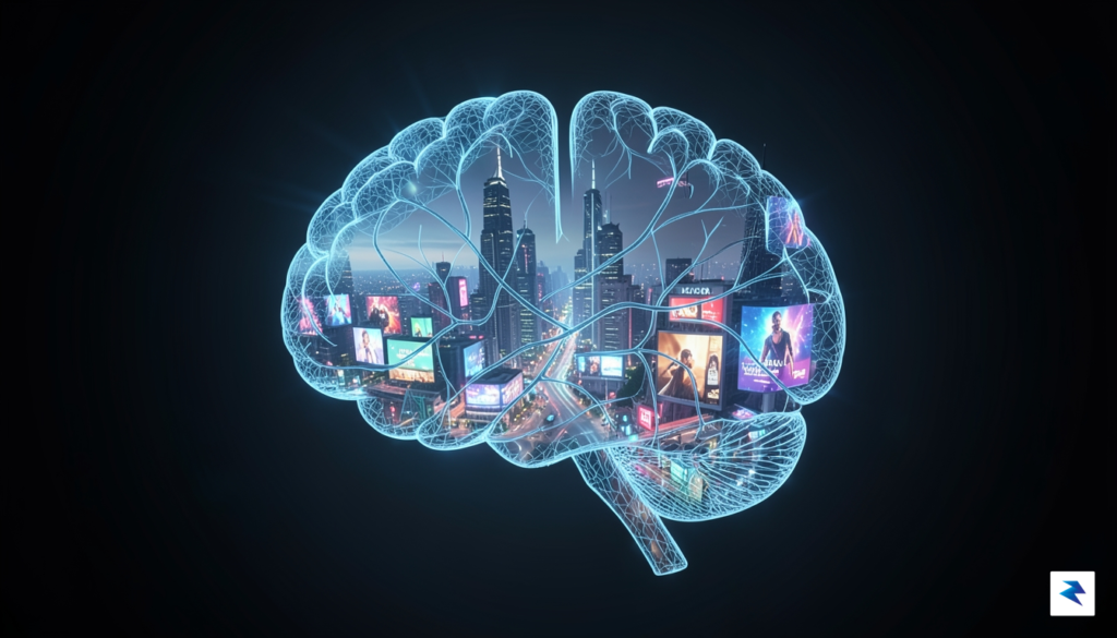 A conceptual digital illustration showing a wireframe human brain integrated…
