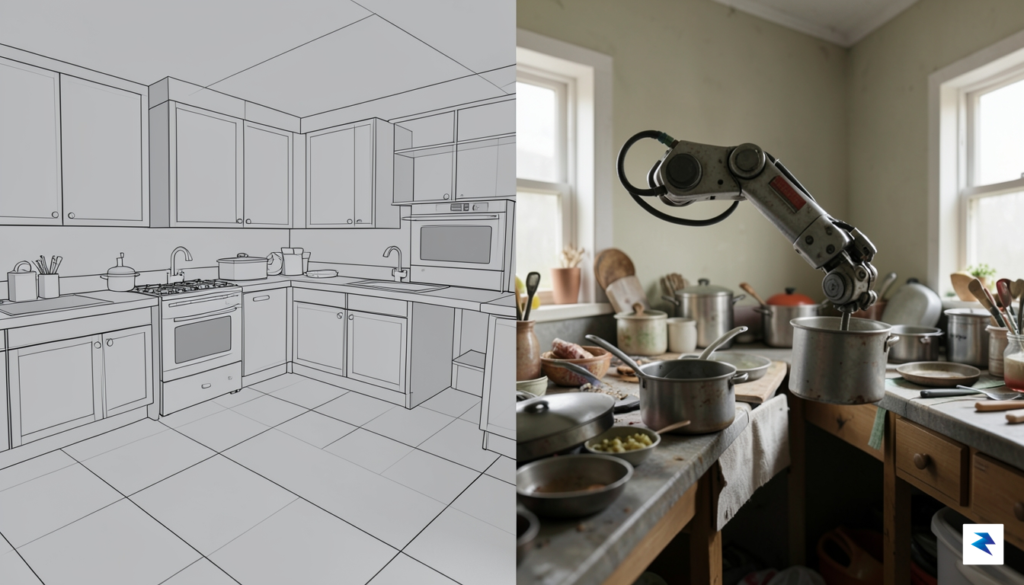 A digital rendering showing a split-screen view, with one side…