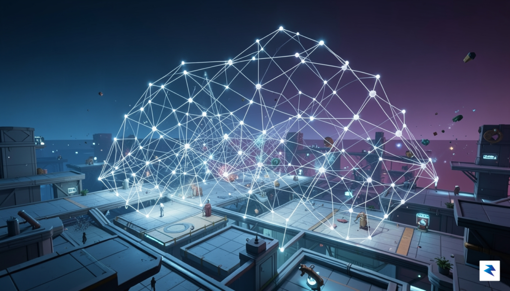 A conceptual digital visualization showing a neural network wireframe overlaying…