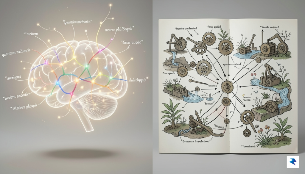 An abstract representation of a brain trying to connect disparate…