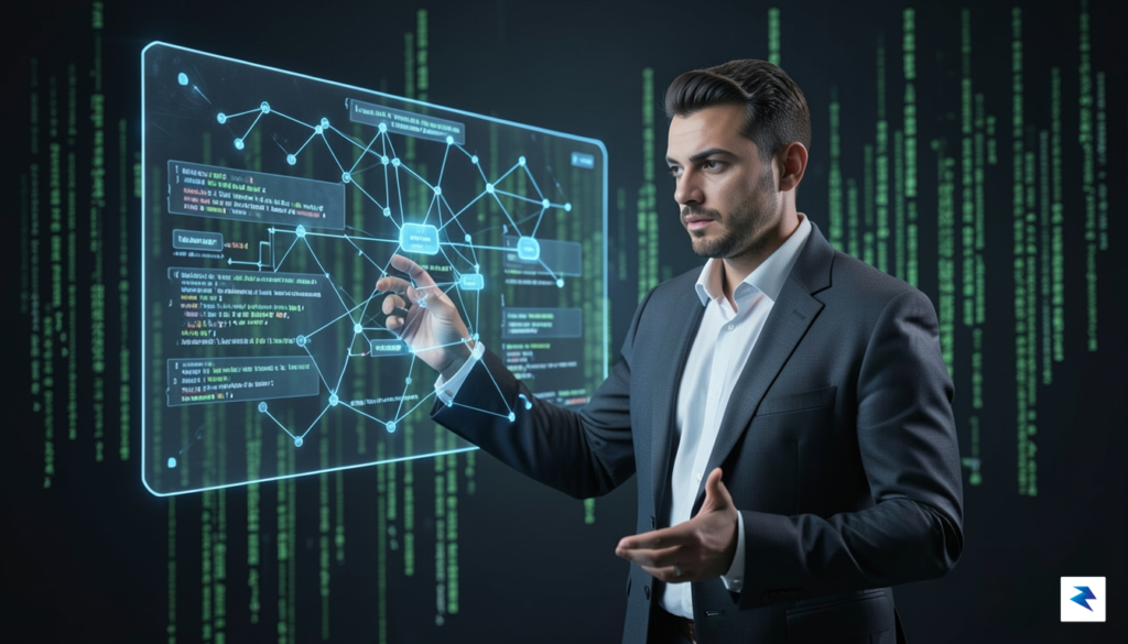 A modern software architect standing in front of a holographic…
