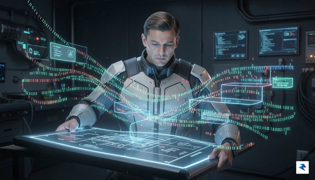 A conceptual digital illustration showing a human engineer overseeing a…