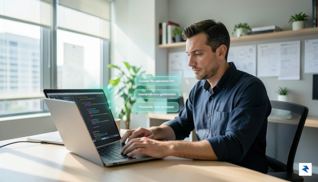 A developer at a computer, looking at complex code on…