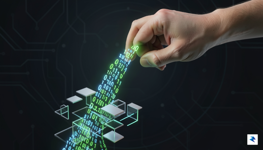 A conceptual digital illustration showing a human hand guiding a…