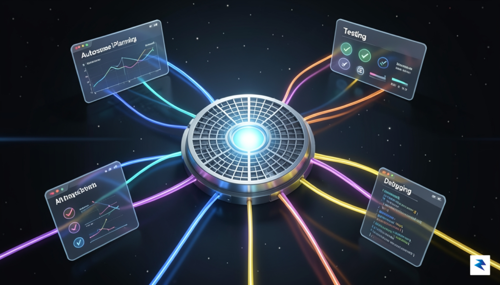 A conceptual digital illustration showing a central AI hub with…