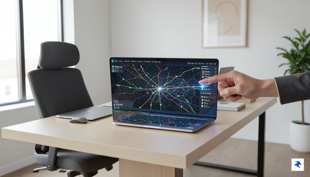 A clean, professional workspace showing a digital interface projecting a…