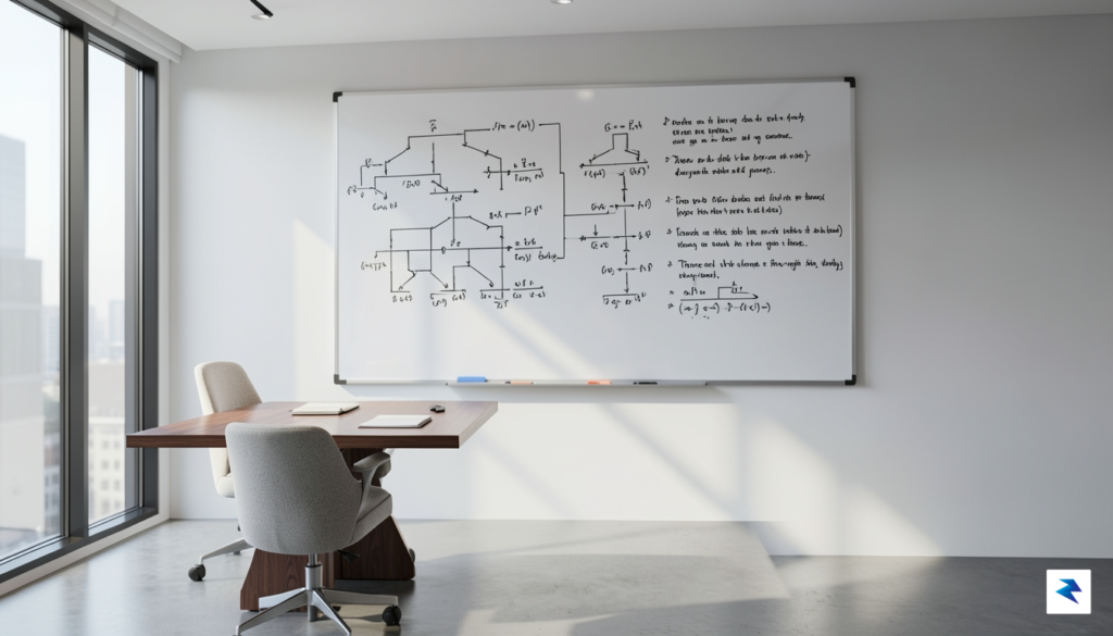 A clean, modern office space with a whiteboard covered in…