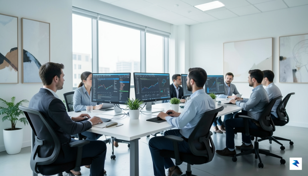 A modern, minimalist office environment showing a team of engineers…