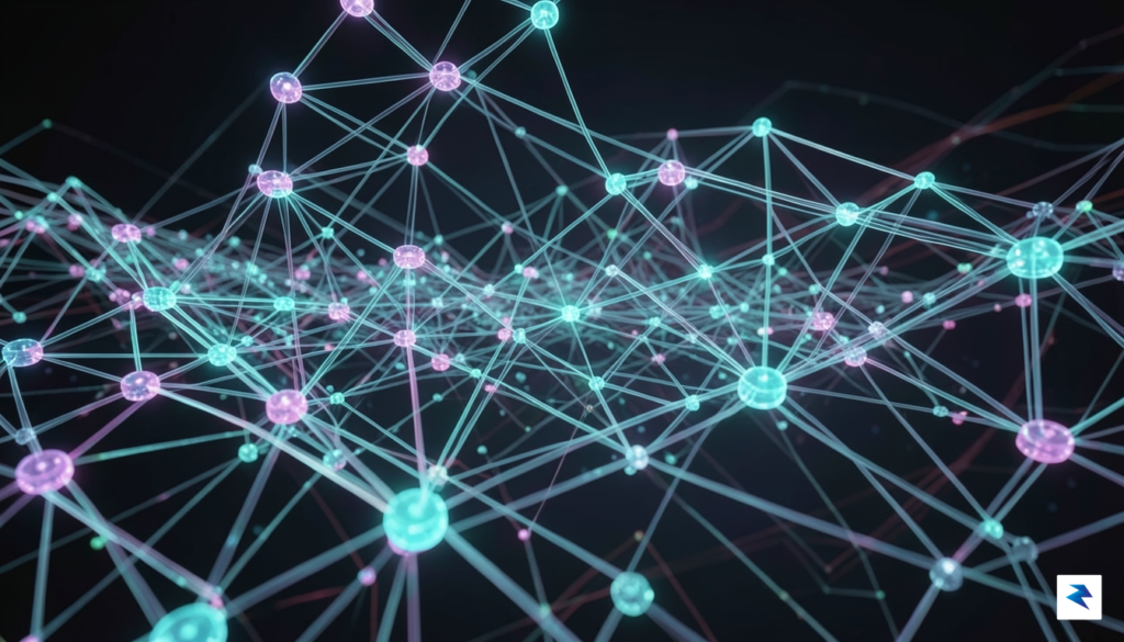 An abstract digital visualization showing a complex, interconnected network of…