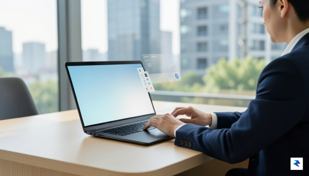 A modern, minimalist workspace featuring a professional using a clean…