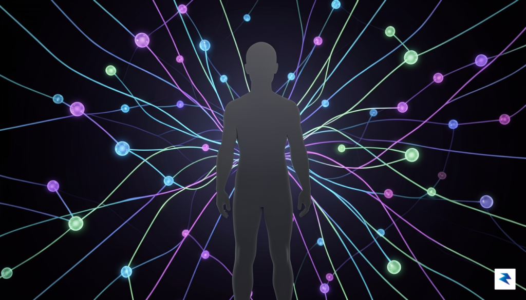 A conceptual digital illustration showing a human silhouette connected to…